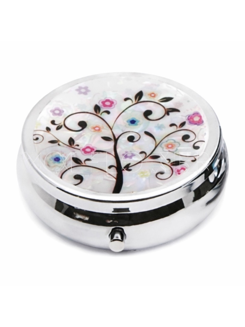 Floral Tree of Life Pill Box Mirror 3 Compartment Travel Case